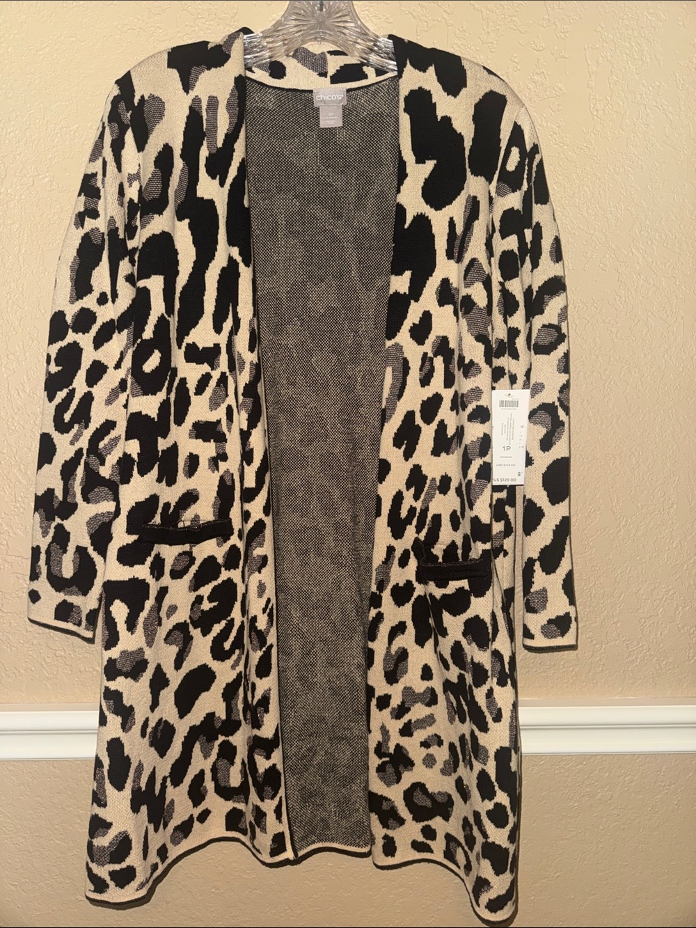 Chico's Black and Cream Leopard Open Cardigan
